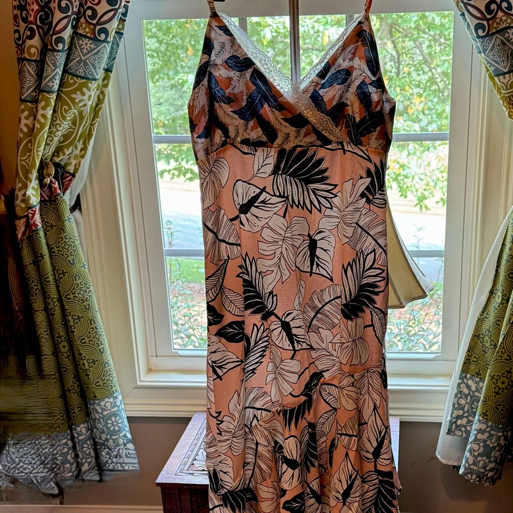 POL A-Line Dress with Leaf Print in Blue and Peach NWOT